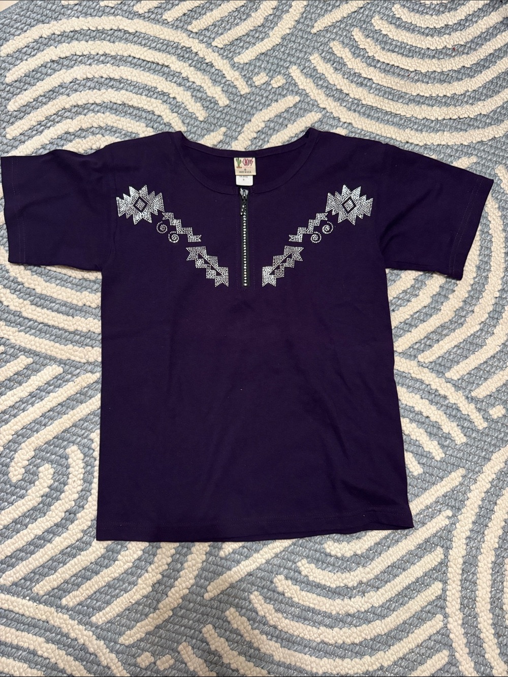 Vintage Cactus California Purple Rhinestone Western Zip Neck Tee Small